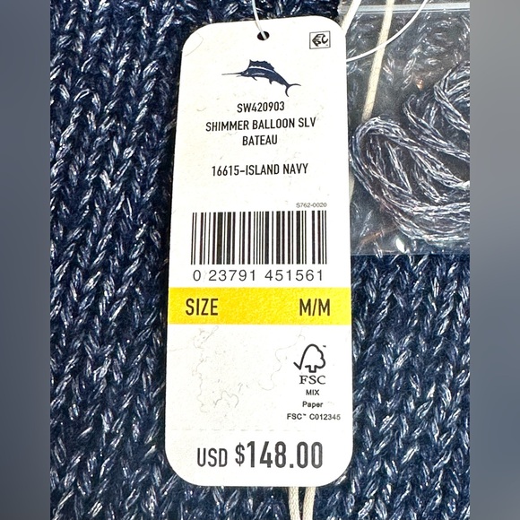 Tommy Bahama Wool Blend Shimmer Ballon Sleeve Island Navy Sweater size Med. NWT - Picture 9 of 11
